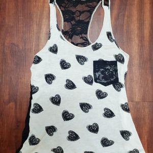 IRIS WOMENS JR LACE & HEART BLK&WHITE TANK TOP MEDIUM